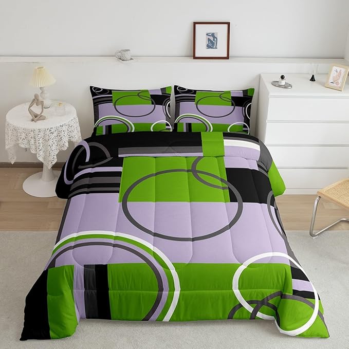 Modern Green Grey Black Comforter Sets Queen Abstract Swirls Spiral Bedding Set Stripes Quilt Curved Lines Duvet Insert Stylish Grid Gromment Patchwork Quilted Comforter With 2 Pillowcases