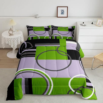 Erosebridal Modern Green Grey Black Comforter Sets Full Abstract Swirls Spiral Bedding Set Stripes Quilt Curved Lines Duvet Insert Stylish Grid Gromment Patchwork Quilted Comforter with 2 Pillowcases