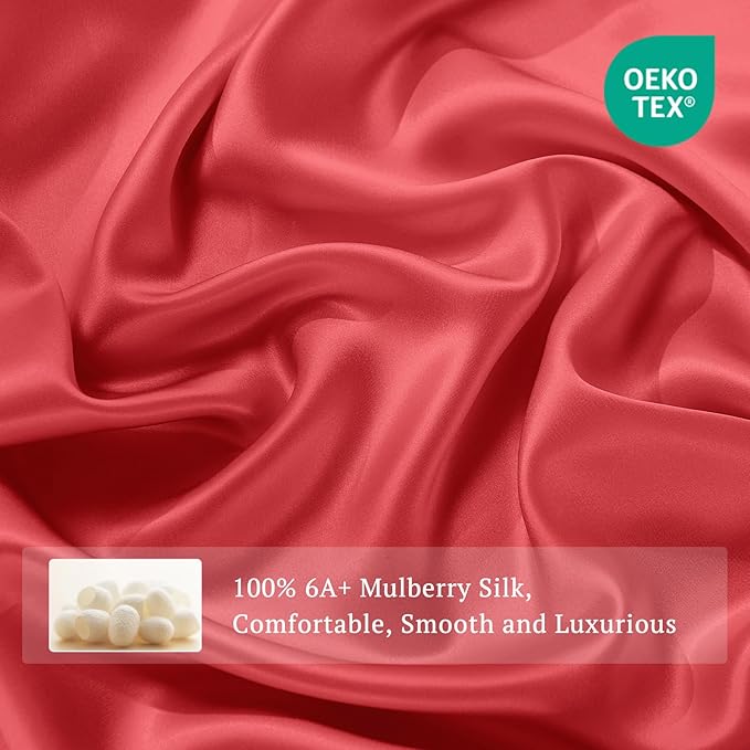 THXSILK 6A+ Top Grade 100% Pure Mulberry Silk Twin Fitted Sheet 3Pcs Set Bed Sheets Luxury Bedding for Hair and Skin Breathable Cooling Natural Materials, 1 Fitted Sheet with 2 Pillowcases, Red