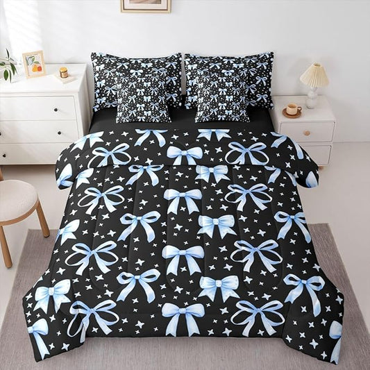 Erosebridal Kids Girls Bowknot Bow Black Blue Y2K Full Comforter Set 7 Pieces | Kawaii Cute Bed in A Bag for Bedroom Starry Dreamy Bedding Set with Comforters Princess Room Decor