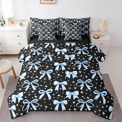 Erosebridal Kids Girls Bowknot Bow Black Blue Y2K 7 Piece Bedding Set Twin | Kawaii Cute Comforter Set with Sheets Starry Dreamy Bed in A Bag Princess Bed Sets
