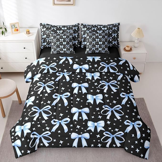 Erosebridal Kids Girls Bowknot Bow Black Blue Y2K King 7-Piece Comforter Set | Kawaii Cute Sheets and Pillowcases Starry Dreamy Bed in A Bag Princess Bed Sets