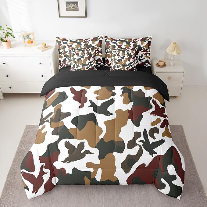 Erosebridal Hunter 7 Pcs Comforter Set King Size Camo Duck Bedding for Kids Camouflage Farmhouse Camping Sheet Set Bed in A Bag Vintage Army Green Yellow Room Decor Wild Animal Rustic Bed Set