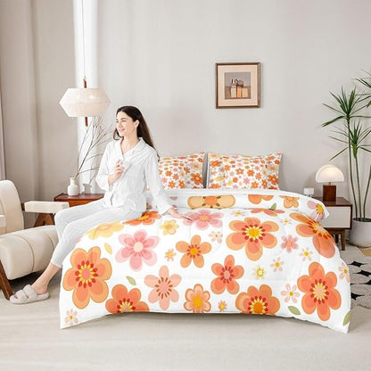 Erosebridal 70S Retro Flowers Bed in A Bag King | Bohemia Cartoon Funky 7 Piece Comforter Set Vintage Autumn Floral Sheet Set Reversible Pastoral Style Fitted Sheet Breathable Lightweight