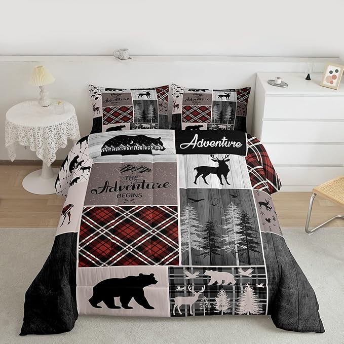 Retro Cabin Rustic Comforter Set For Room Decor, Country Farmhouse Lodge Quilt Bear Moose Deer Bedding Set Hunting Wild Animal Plaid Patchwork Duvet Insert Rustic Decorations For Home, Queen Size