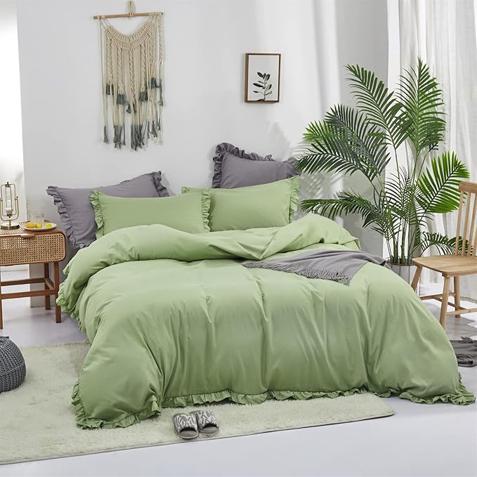 CLOTHKNOW Green Ruffles Queen Comforter Set Farmhouse Bedding Comforter Sets Soft Sage Green Comforter with 2 x Pillow Cases