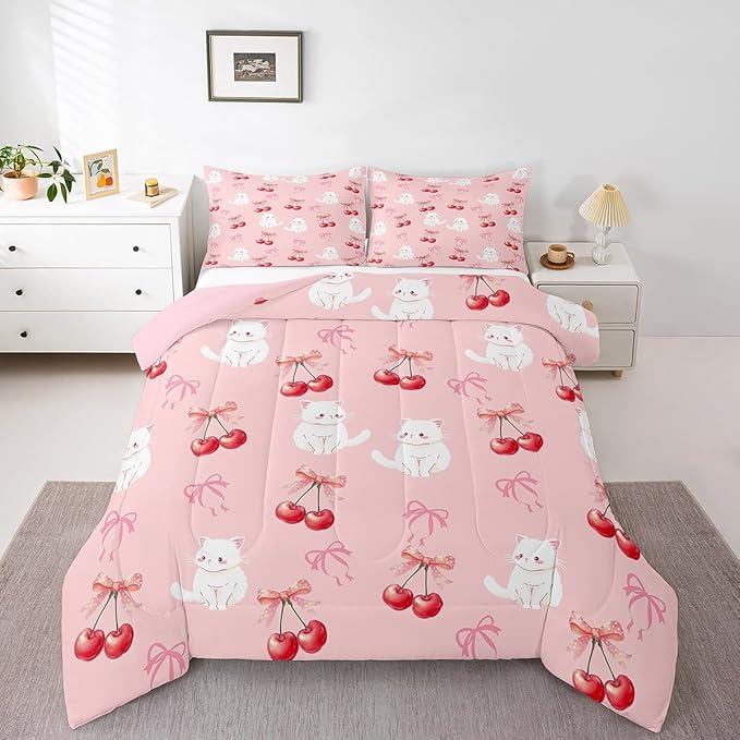 Feelyou Pink Girls Bow Comforter Set Toddler Size Cute Cat Bedding Set for Boys Teens Decor Kawaii Cherry Print Comforter Cute Bowknot Duvet Set Bedroom Lovely Bow Quilt Set 2Pcs