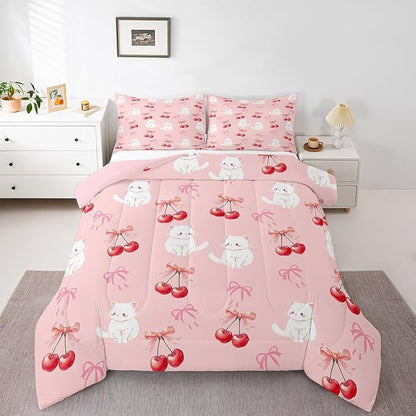 Feelyou Pink Girls Bow Comforter Set Full Size Cute Cat Bedding Set for Boys Teens Decor Kawaii Cherry Print Comforter Cute Bowknot Duvet Set Bedroom Lovely Bow Quilt Set 3Pcs