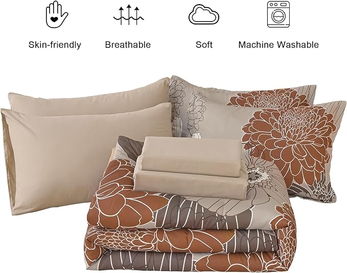 Yiran Taupe Brown Comforter Set Queen Size,7 Pieces Bed in a Bag Floral Comforter,Soft Microfiber Bedding Sets for All Seasons,90"×90"