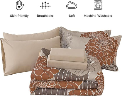 Yiran Taupe Brown Comforter Set Queen Size,7 Pieces Bed in a Bag Floral Comforter,Soft Microfiber Bedding Sets for All Seasons,90"×90"