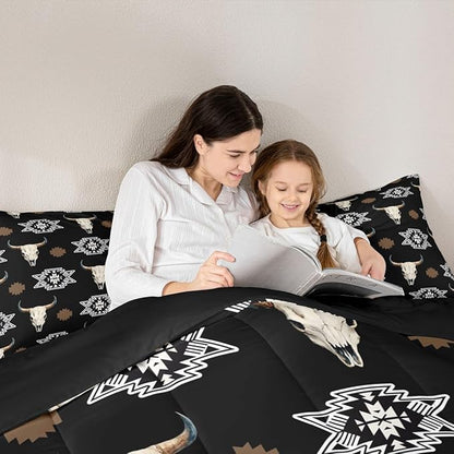 Feelyou Black Bull Skull Comforter Set King Size Kids Western Aztec Duvet Quilt for Boys Girls Teens Southwestern Bohemian Boho Wild Cowboy Tribal Rustic Bedding Set Soft Room Decor 3Pcs