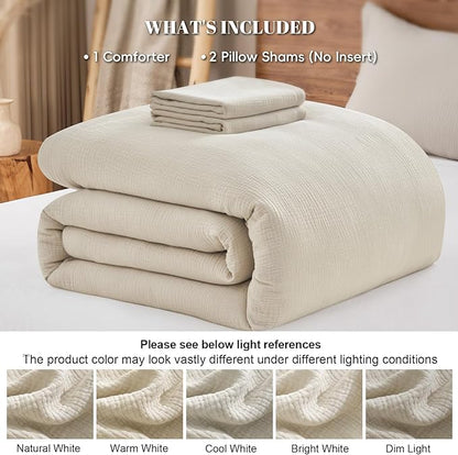 PHF Cotton Muslin Comforter Set King Size, Ultra Soft, Breathable & Lightweight All-Season Bedding, Filling: 100% Polyester, 3 Pieces with 1 Comforter 104"x90" and 2 Pillow Shams 20"x36", Natural