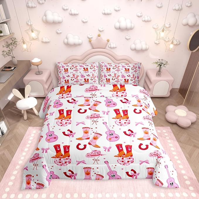 Erosebridal Cowgirl Western Bedding Set, Pink Bowknot Comforter Set Toddler Size for Kids Teens Girls Women Bedroom Decor, Boots Horseshoe Down Comforter, Dreamy Princess Quilt, Lightweight