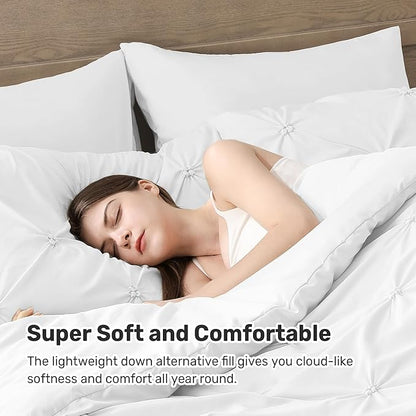 UNIKOME Queen Comforter Set White - Ultra Soft Boho Pintuck Down Alternative Bedding Set for All Seasons, 3 Pieces Lightweight Warm Pinch Pleat Bed Set with Comforter, 2 Pillowcases
