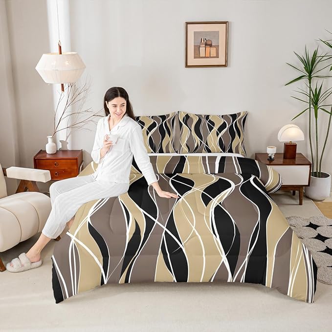 Erosebridal Aesthetic Modern Comforter Set King Abstract Artwork Bedding Set, Black Geometric Bedding Comforter Sets Brown Stripe Duvet Sets, Lightweight Soft Cozy Quilted Comforter with 2 Pillow Case