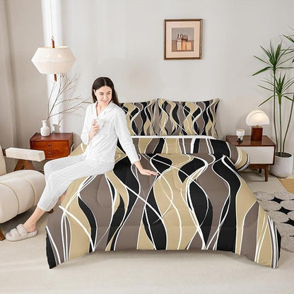 Erosebridal Black Brown Modern Bedding Sets Queen Abstract Art Comforter Set, Multicolor Stripe Down Comforter Geometric Bed Set, Lines Quilted Duvet Luxurious Kids Teen Aults Room Decor