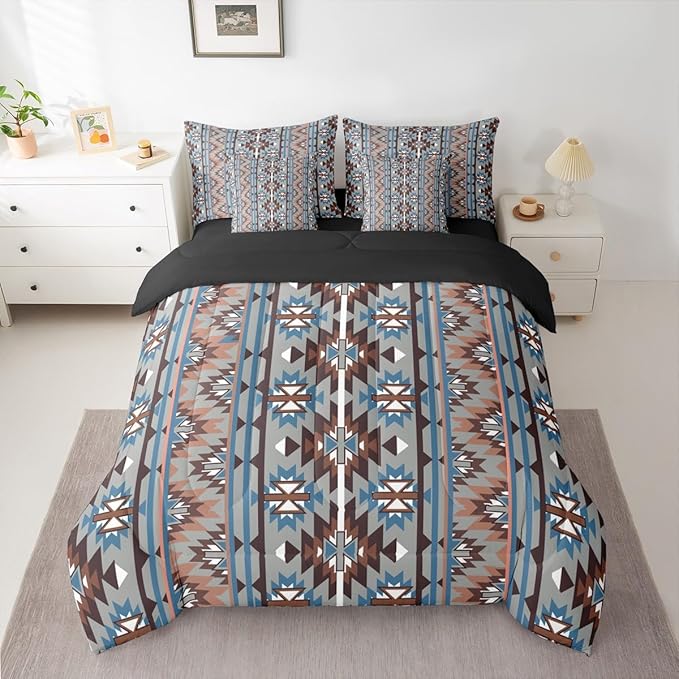 Erosebridal 7 Piece Western Bed in A Bag Queen Southwestern Aztec Comforter Set for Kids Teens Rustic Bohemian Geometric Bedding Sets Vintage Country Tribal Aesthetic Sheet Set with Comforter