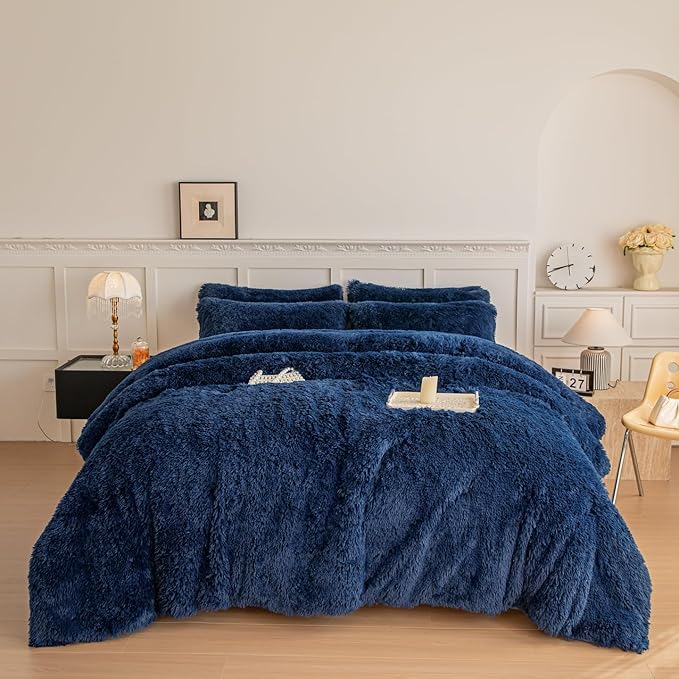 chovy Faux Fur Plush Royal Blue Comforter Sets King - Ultra Soft Shaggy Flannel Velvet Fluffy Fuzzy 3PC Bedding Set (Comforter x 1 Pillowcases x 2)