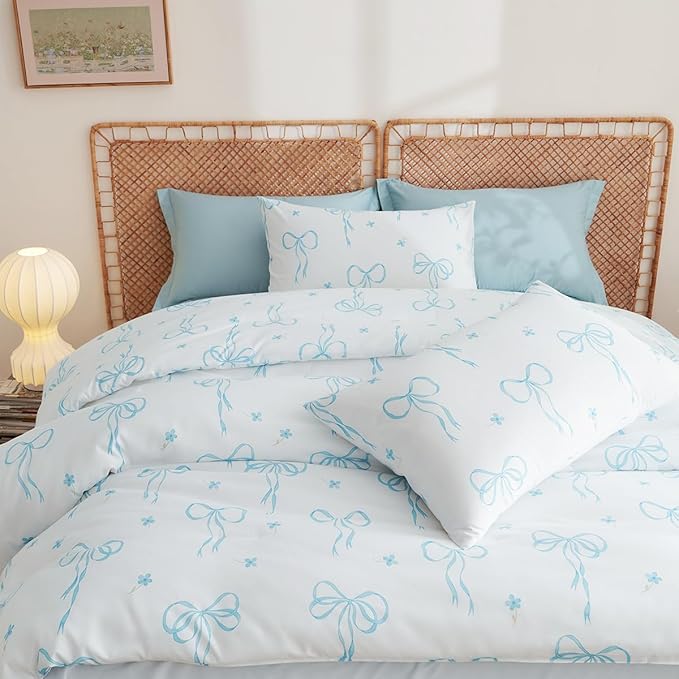 Twin Comforter Set White - Blue Bow Quilt Bedding Set 2 Pieces, Comforter Set Twin Size, Soft Lightweight Comforter(68‘’ x 90‘’) for Girl All Season & 1 Pillow Case(30‘’x20‘’)