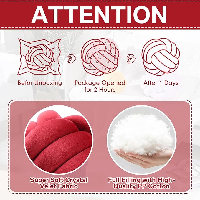 Namalu 2 Pcs Soft Knot Pillow Ball, Decorative Round Throw Knotted Pillows Cushion, Handmade Stuffed Ball Pillows for Winter Bedroom Sofa Couch Home Decor(7.87 Inches,Wine Red)