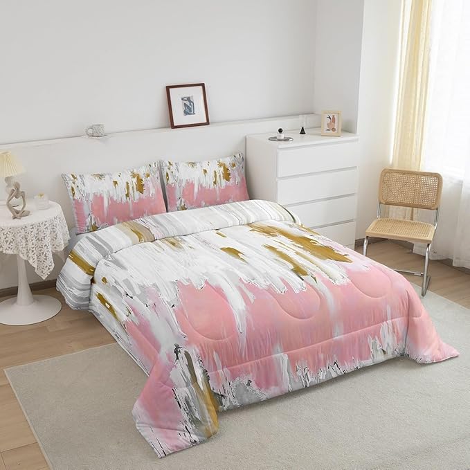 Erosebridal Girly Pink Comforter King Oil Painting Stripe Bedding Set, Brush Marks Contemporary Ombre Down Comforter Watercolor Graffiti Bed Set, Aesthetic Modern Quilted Duvet