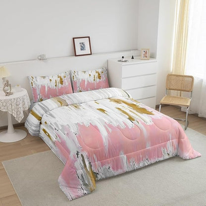Erosebridal Girly Pink Comforter King Oil Painting Stripe Bedding Set, Brush Marks Contemporary Ombre Down Comforter Watercolor Graffiti Bed Set, Aesthetic Modern Quilted Duvet