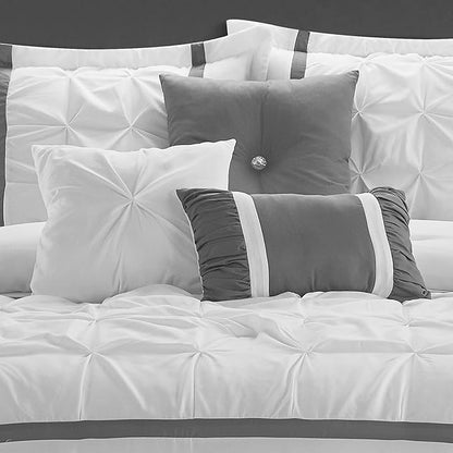 White Grey Comforter Set, California King, 7 Piece Bed in a Bag, Microfiber Handcrafted Pintucking, All Season Bed Set with Comforter, Bedskirt, Pillow Shams and Decro Pillows