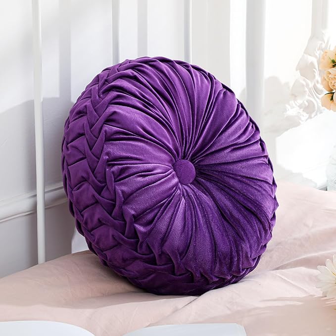1 Pcs Round Throw Pillows Decorative Velvet Pleated Throw Pillows 15'' Diameter Accent Pumpkin Boho Chair Cushion for Couch Sofa Chair Bed Home Decoration (Purple)