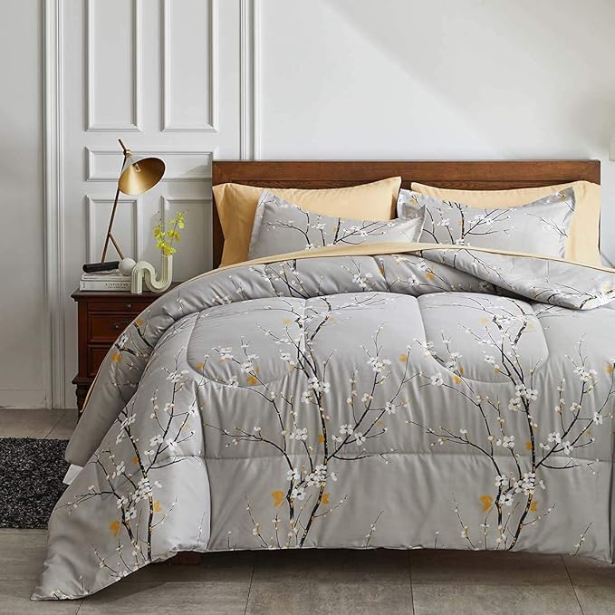 Gray Comforter Sheet Set Bed in a Bag 7 Pieces King Size Tree Branch Bloom Flower Spring Summer Bedding Set (1 Comforter 2 Pillow Shams 1 Tan Flat Sheet 1 Fitted Sheet 2 Pillowcases)
