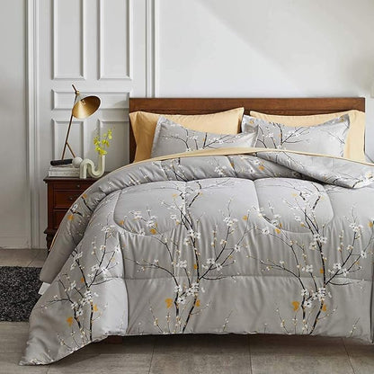 Gray Comforter Sheet Set Bed in a Bag 7 Pieces King Size Tree Branch Bloom Flower Spring Summer Bedding Set (1 Comforter 2 Pillow Shams 1 Tan Flat Sheet 1 Fitted Sheet 2 Pillowcases)