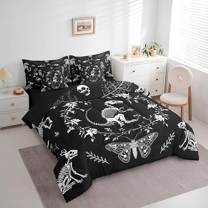 Dinosaur Skeleton Comforter Set King,Gothic Animals Butterfly Bed Sets 7 Pieces with 1 Comforter,2 Pillowcases,2 Pillow Covers,1 Flat Sheet,1 Fitted Sheet,Exotic Boho Flowers Leaves Bedding Set