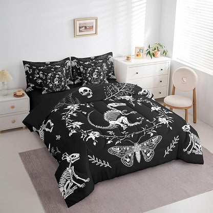 Dinosaur Skeleton Bed Sets in a Bag 7 Pcs,Gothic Animals Butterfly Kids Bedding Set,Exotic Boho Flowers Leaves Comforter with Fitted,Flat Sheet,Pillowcase,Pillow Covers,Queen Size