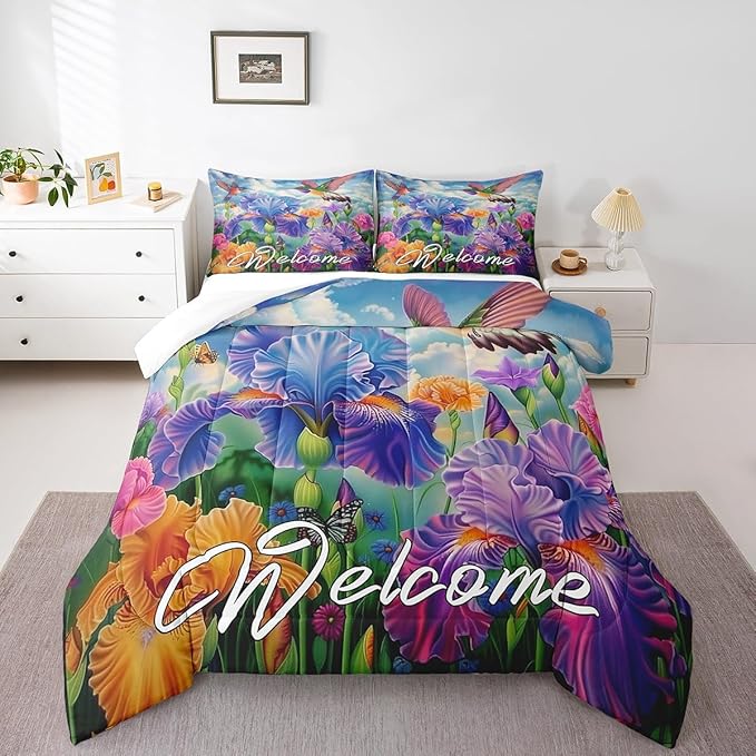 Erosebridal Tropical Hummingbird Bedding Sets Full Purple Iris Flower Comforter Set for Kids Girls Women Cute Bird Butterfly Bed Comforter Set Farmhouse Garden Blossom Floral Quilt Duvet