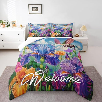 Erosebridal Tropical Hummingbird Bedding Sets Queen Purple Iris Flower Comforter Set for Kids Girls Women Cute Bird Butterfly Bed Comforter Set Farmhouse Garden Blossom Floral Quilt Duvet