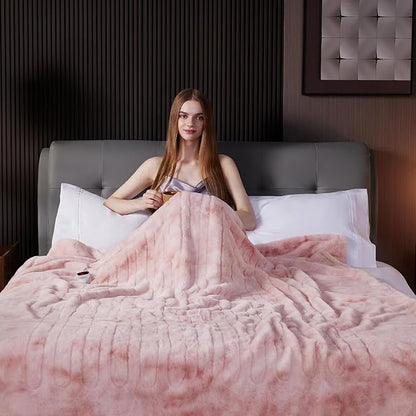 Guohaoi Heated Blanket Electric Throw, Soft Faux Rabbit Fur Electric Blanket with 10 Heating Levels 5 Sitting Timer Auto Off, Cozy Warm Heating Blankets, Machine Washable(72"×84" Pink)
