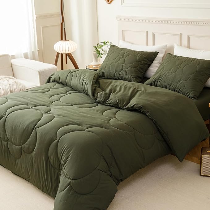 CLOTHKNOW Army Green Floral Comforter Set Twin/Twin XL Daisy Puff Bedding Comforter Sets Dark Green Comforter Sets Twin