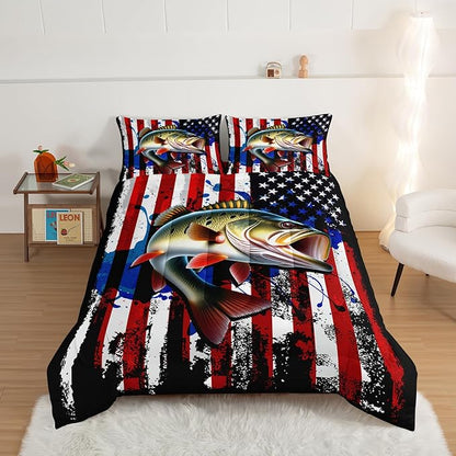 HOSIMA Big Pike Fishing Comforter Set,Bass Fish American Flag Pattern Hunting and Fishing Bed Set Queen Size for Boys Room Decor, Bed in a Bag for Teens with 2 Pillowcases.