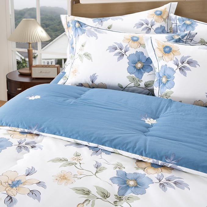 Cotton Comforter Queen Size Set – White Blue Floral Cotton Shell Bedding, Soft & Breathable, All-Season Down-Alternative Fill, Includes 1 Comforter & 1 Pillow Sham
