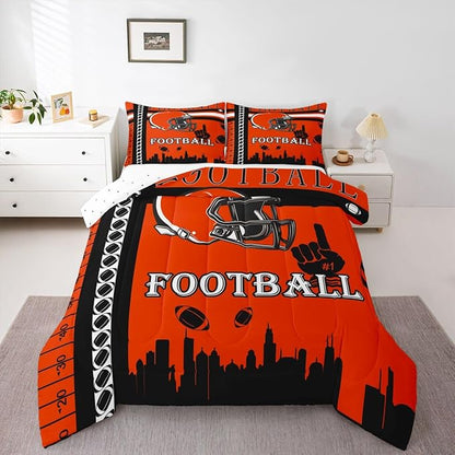 Feelyou Football Bedding Set Boys Girls Comforter Set Full Size Sports Themed Women Men Rugby Sport Duvet Quilt Football City Black Orange Room Decor