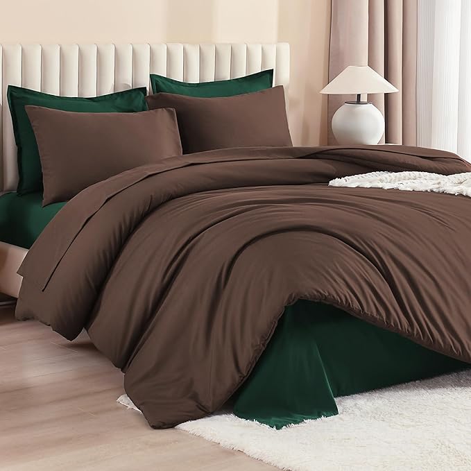 Litanika Twin/Twin XL Size Comforter Sets Brown Emerald Green - 5 Pieces Bed in a Bag, Lightweight Bed Set with Comforter, Sheets, Pillowcase & Sham
