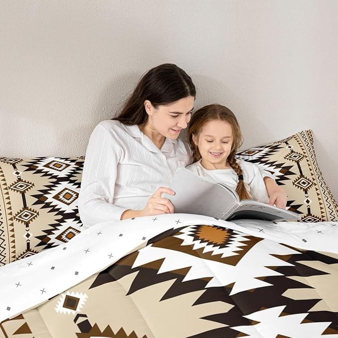 Feelyou Beige Brown Western Bedding Set Twin Size Southwestern Aztec Comforter Set Country Tribal Native American Rustic Duvet Quilt