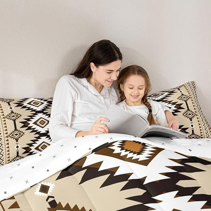 Feelyou Beige Brown Western Bedding Set Twin Size Southwestern Aztec Comforter Set Country Tribal Native American Rustic Duvet Quilt