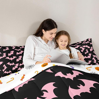 Erosebridal Pink Bat Twin Bedding Sets Halloween Bat Comforter Set Spooky Goth Gothic Animal Quilt Duvet Set Horror Halloween Bedding Collections for Kids Teens Adults