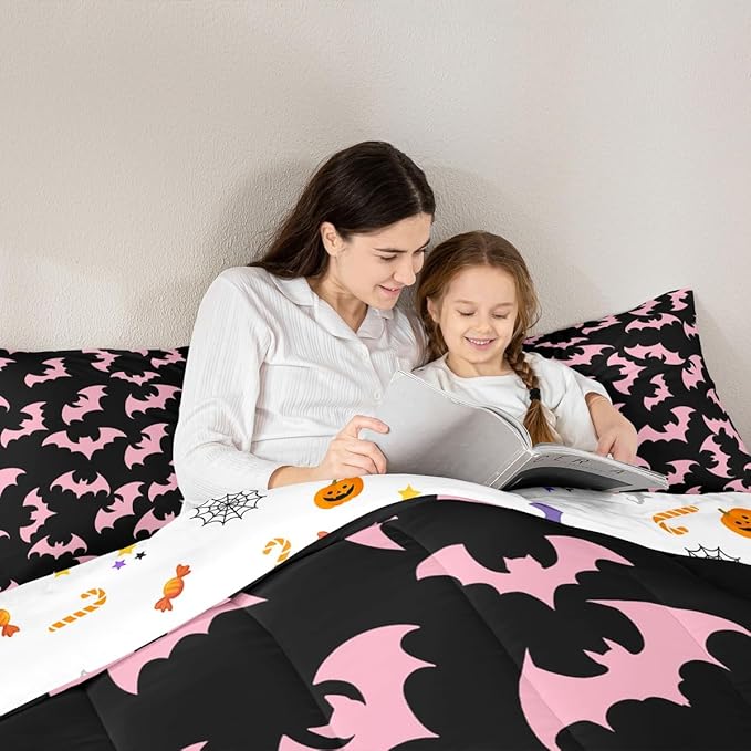 Erosebridal Pink Bat Bedding Set Full Size Halloween Bat Comforter Set Spooky Goth Gothic Animal Bed Sets Horror Halloween Duvet Quilt Sets for Kids Teens Adults