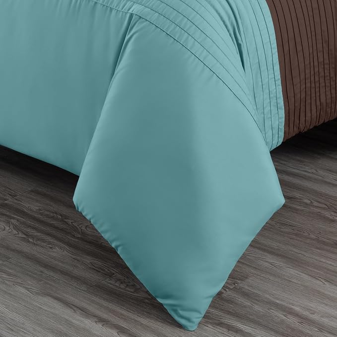 Chezmoi Collection Briar 7-Piece Full Bed in a Bag - All Season Lightweight Microfiber Comforter Set - Includes Sheets & Shams - Blue/Brown/Beige Pleated Stripe Design