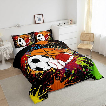 Feelyou Rugby Sports Comforter Set Twin Size Baseball Comforter for Boys Girls Teens Basketball Bedding Set Football Duvet Set Room Decor Multiful Mixed Ball Quilt Set