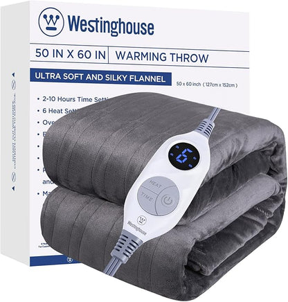 Westinghouse Electric Blanket Heated Throw, Super Cozy Soft Flannel 50"" x 60"" Heated Throw with 6 Fast Heating Levels & 2-10 Auto-Off, Machine Washable, ETL&FCC Certification, Home Office Use, Grey
