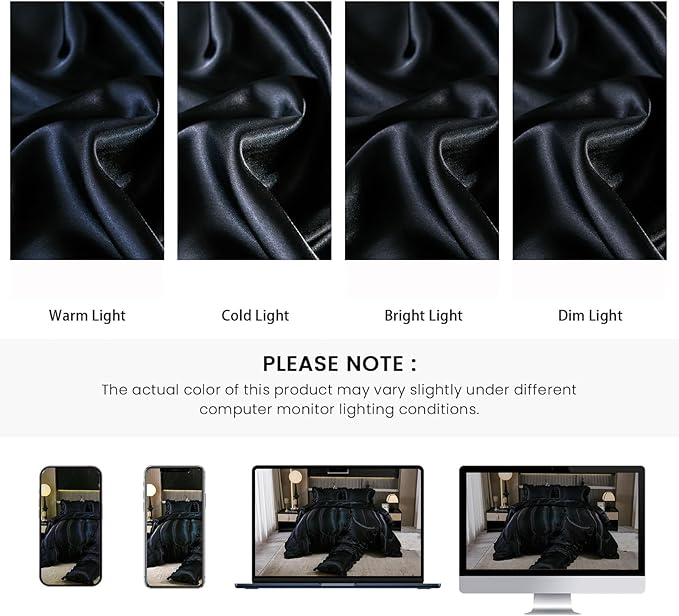 Black King Comforter Set Silk Like Satin Bedding Set Hotel Soft Polyester Black Bed Set Luxury Silky Body Pillow Cover with Quilt Set Ruffle Down Comforter Home Decor