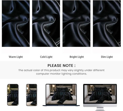 Black King Comforter Set Silk Like Satin Bedding Set Hotel Soft Polyester Black Bed Set Luxury Silky Body Pillow Cover with Quilt Set Ruffle Down Comforter Home Decor