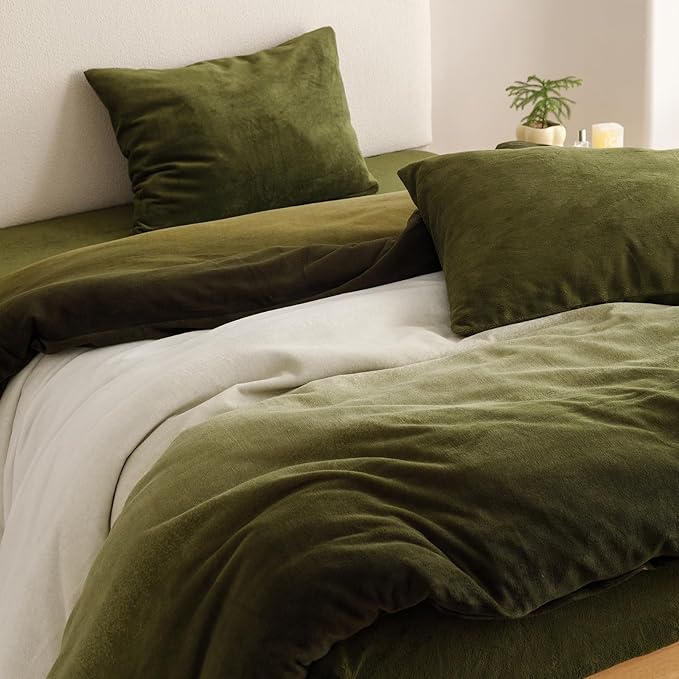 Cottonight Velvet Fluffy Comforter Full Dark Green Gradient Plush Flannel Bedding Set Women Men Thick Warm Winter Blanket Quilts Sherpa Micromink Ink Color Plush Fashion Bedding